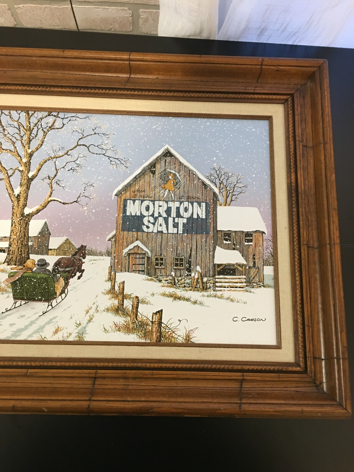 Vintage Framed C. Carson, Morton Salt Barn, Winter Barn Scene Oil on Canvas