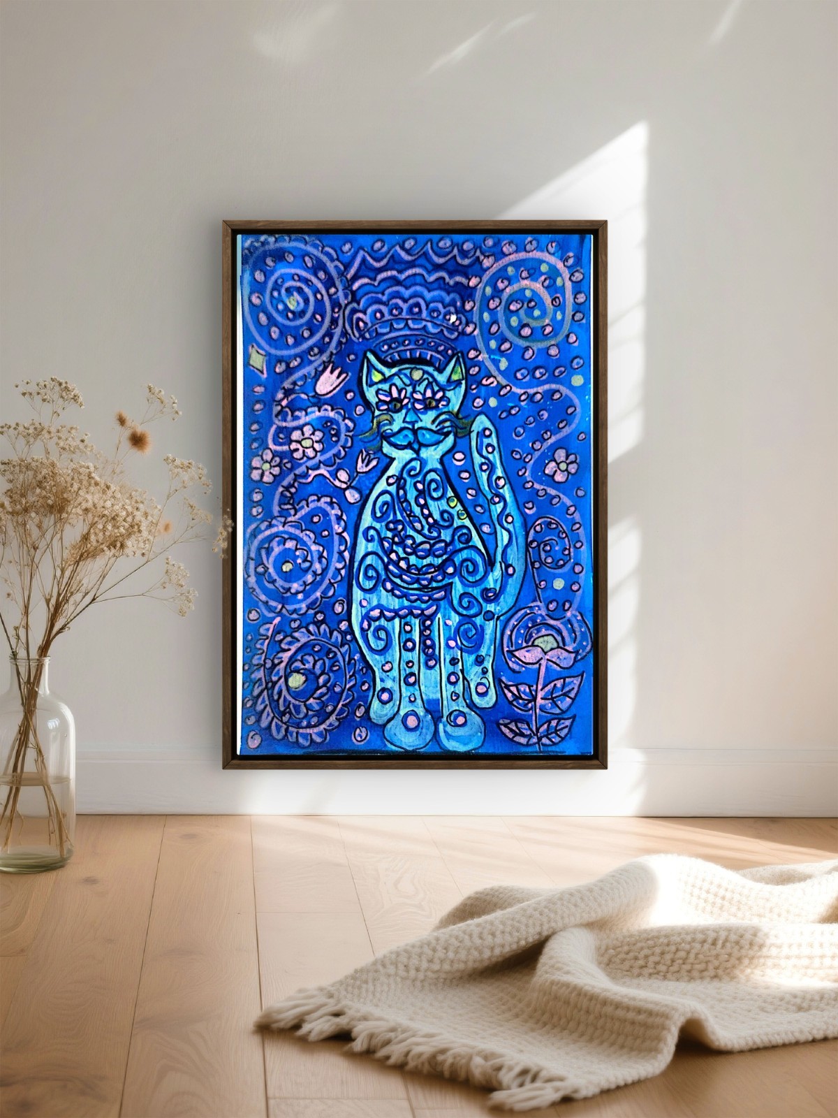 Mystical Cat Contemporary Expressionist Original Art Acrylic On Paper 9×6 Signed