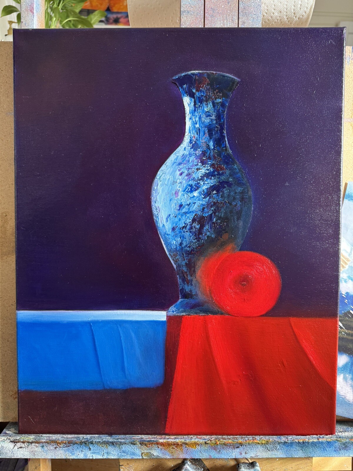 Oil Painting Canvas Still Life Vase Blue Red Original Handmade By Artist Medium