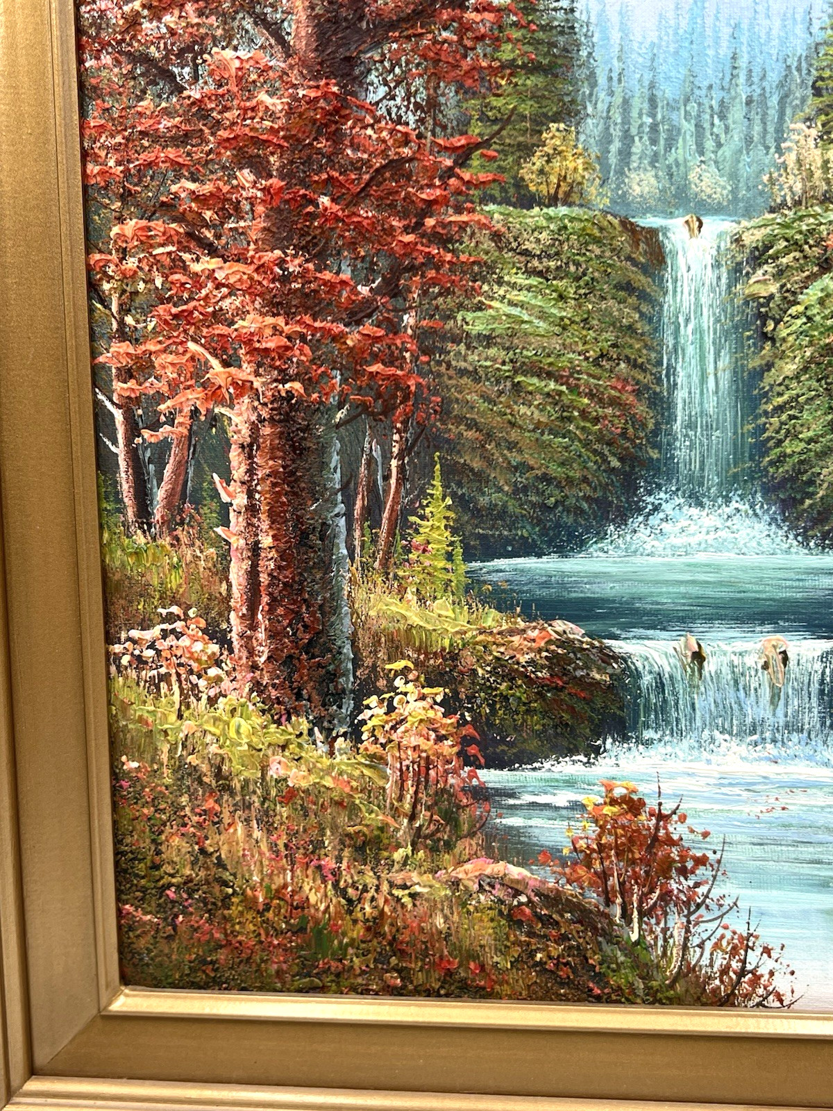 VTG Signed Framed Impressionist Oil Canvas Painting Mountain Waterfall 21½ x 17½