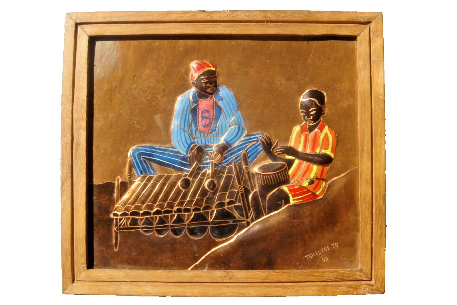 African Relief painting on copper signed by the Congolese artist Guycha Tshidibi