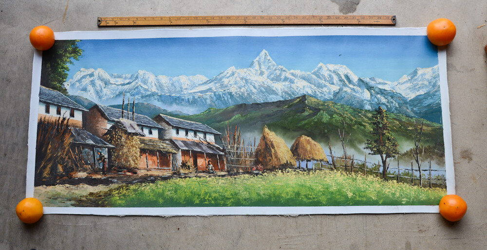 Nepal painting on canvas, unframed, 21 3/4″ x 49 1/2″, created in Nepal