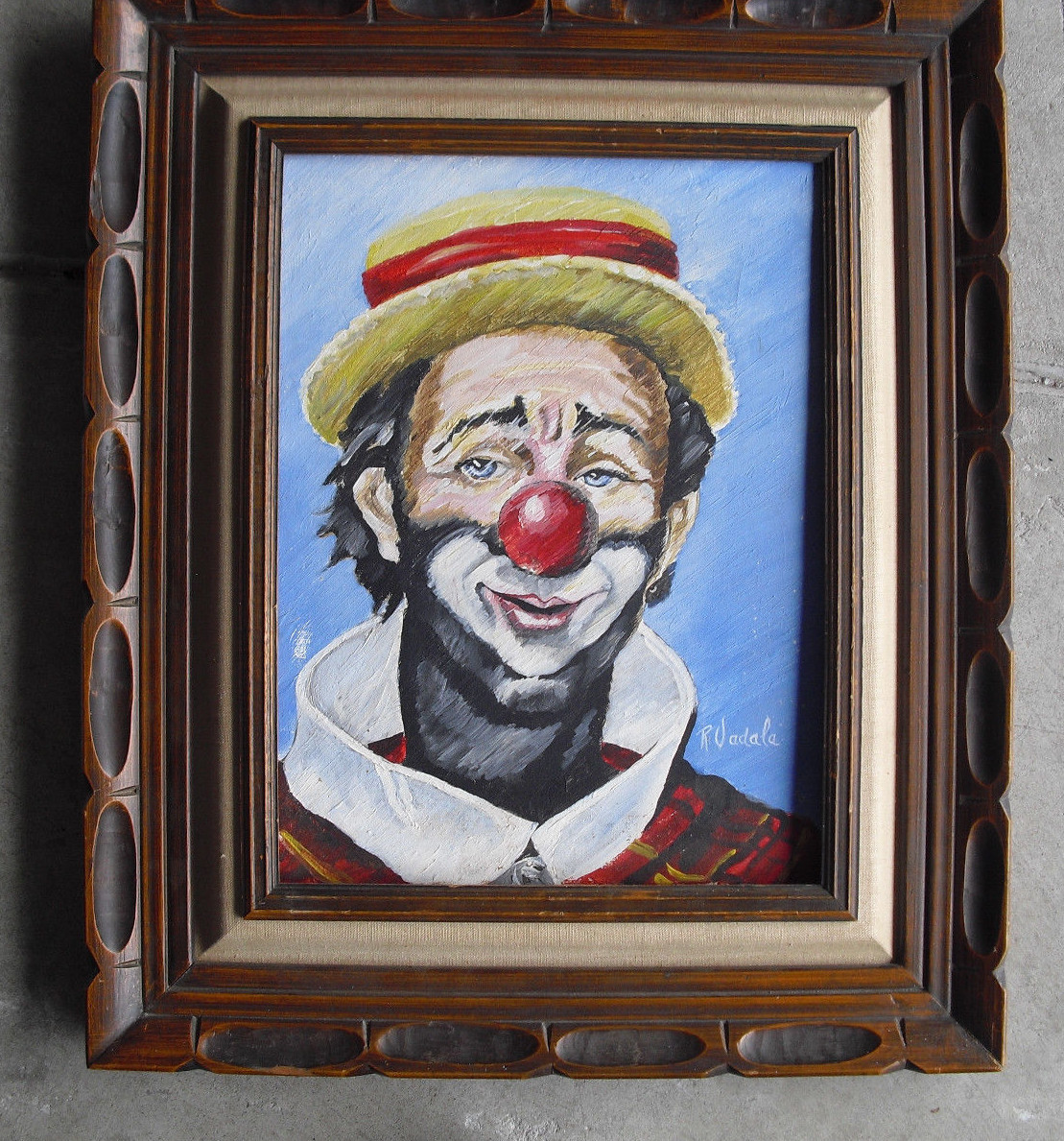 Vintage R Vadala Signed Black Clown Portrait Oil Painting Framed LOOK