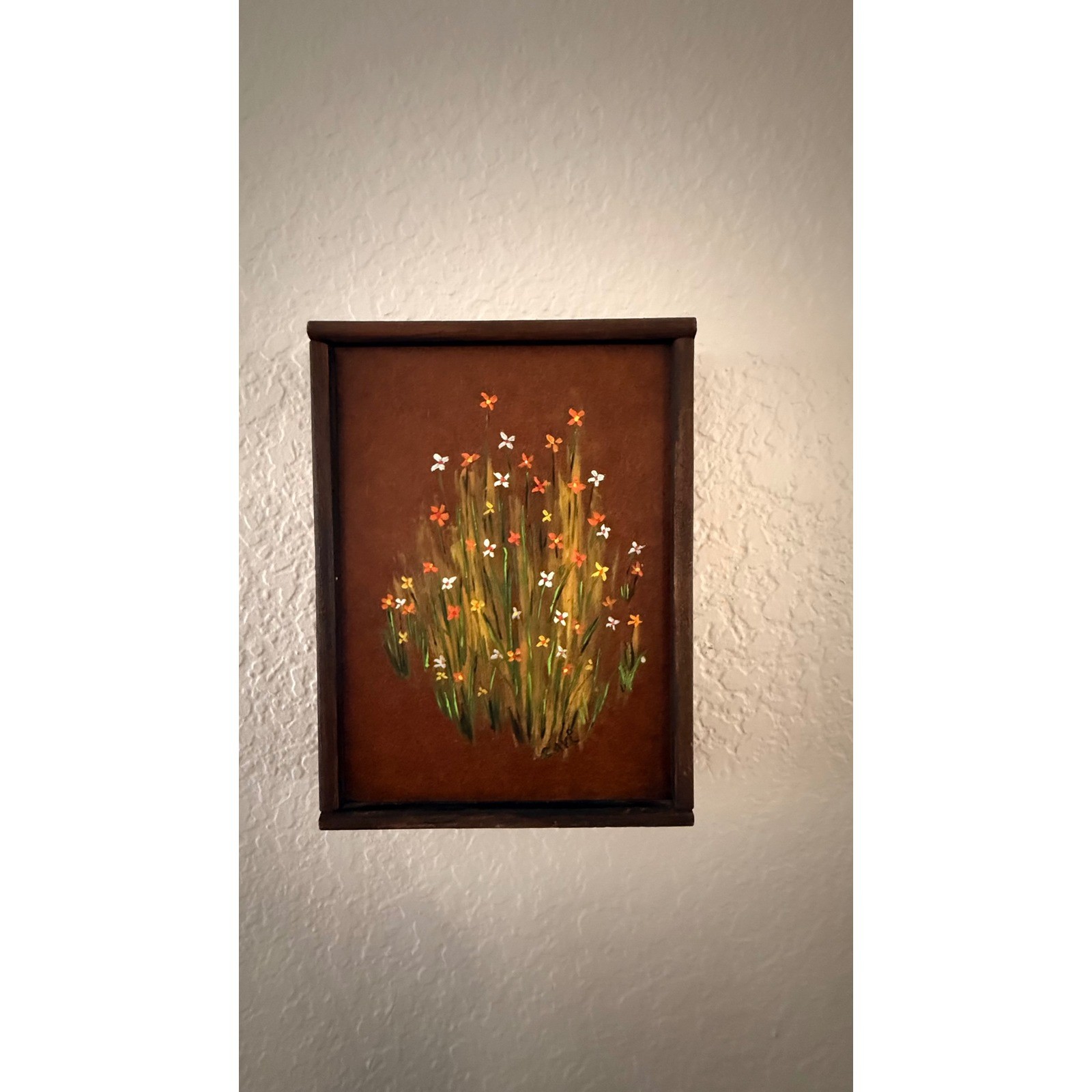 Vintage Mid Century Folk Art Painting Signed Cari Floral Handmade Wood Frame 5×8