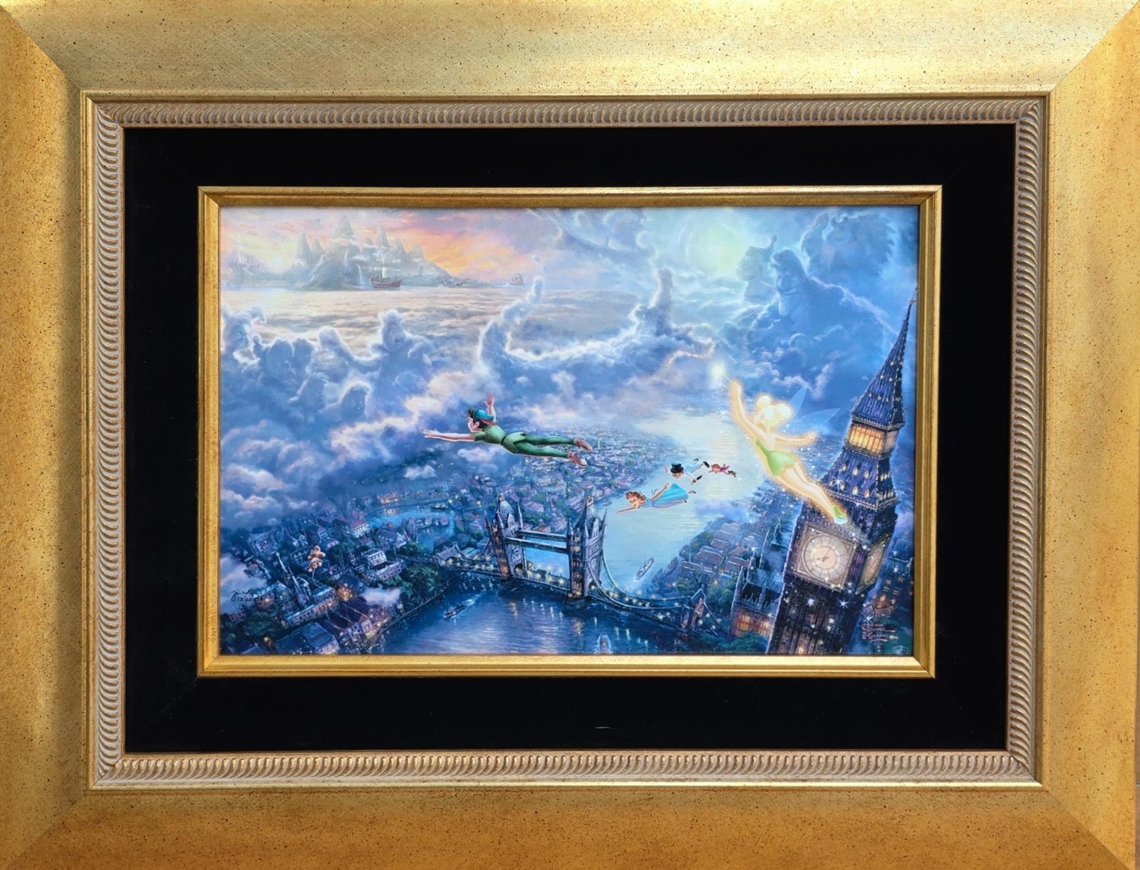 Thomas Kinkade Tinker Bell and Peter Pan fly to Neverland 12×18 R/E COA 13/40