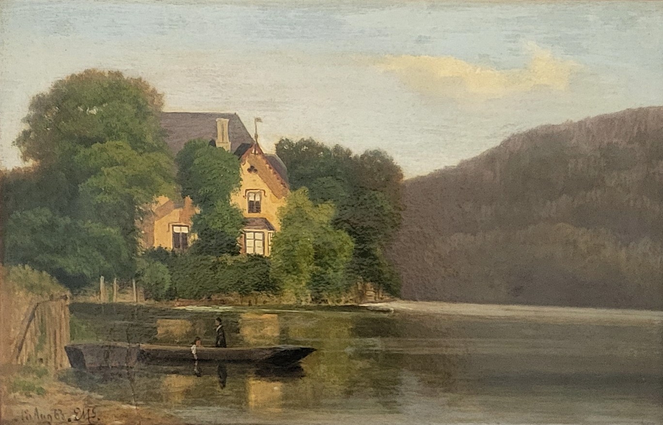Antique oil. Edvard Michael Jensen(1822-1915):”Mansion by the Thames” (1863)