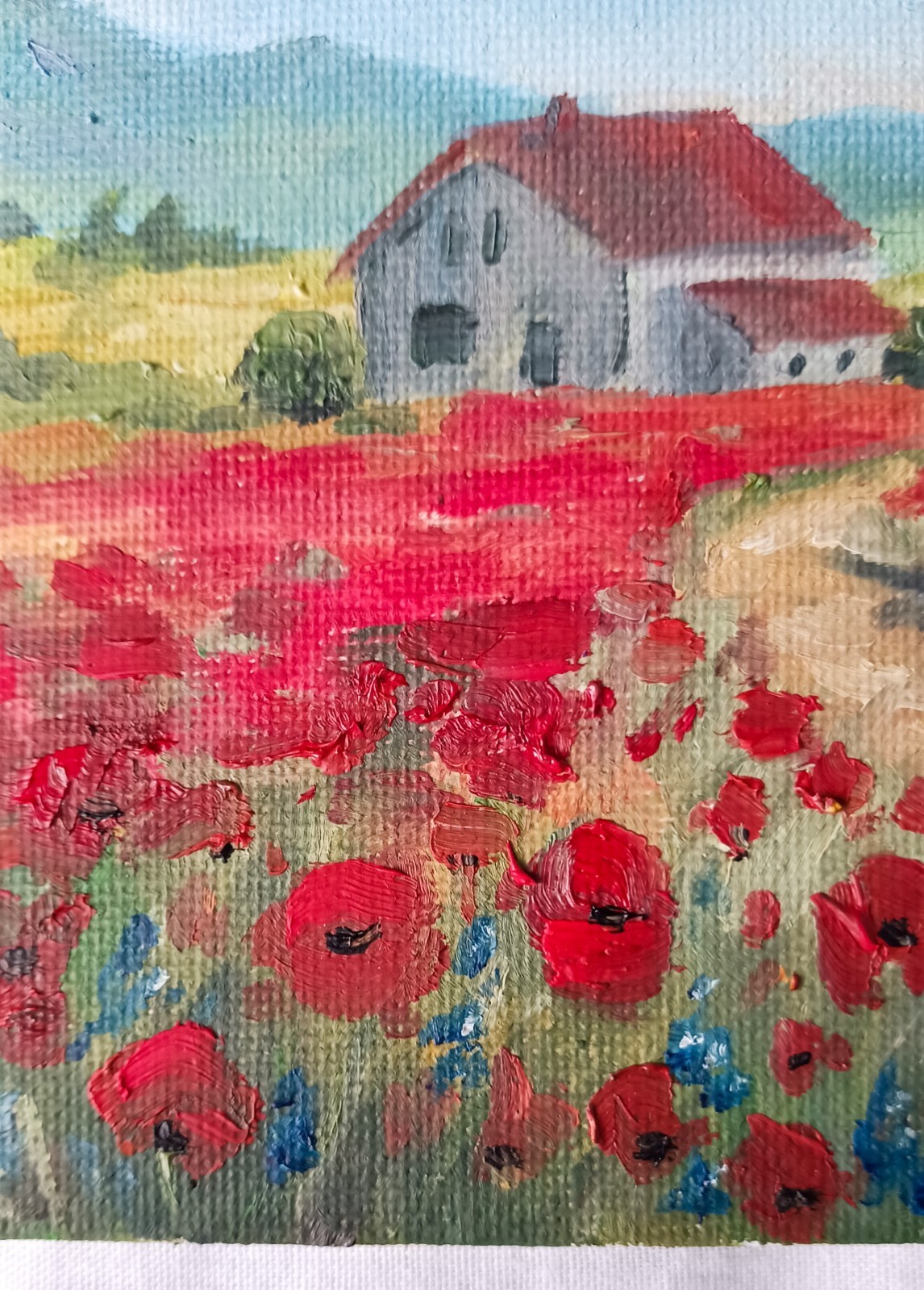 ORIGINAL Oil Painting Modern Impressionism Landscape House Poppy Field 5″x7″