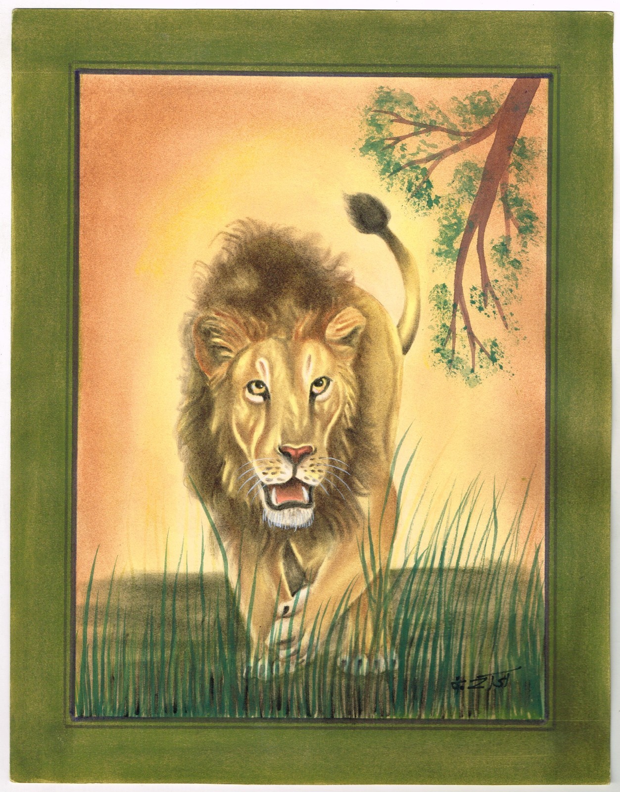 Indian Miniature Painting Of Lion Handmade Wildlife Art On Paper10.5×13.5 Inches