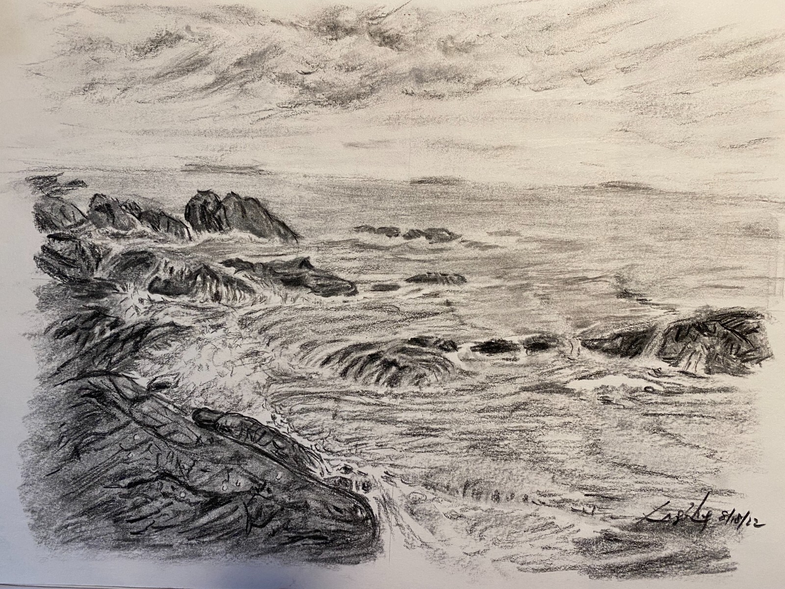 Willow Charcoal and Charcoal Pencil Drawing Ocean Waves-2 Landscape 9×12″