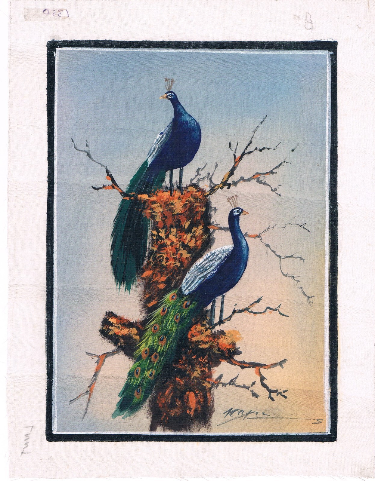 Hand Miniature Painting Of Peacock Bird Wildlife Nature Art On Silk 6.5×8.5 Inch