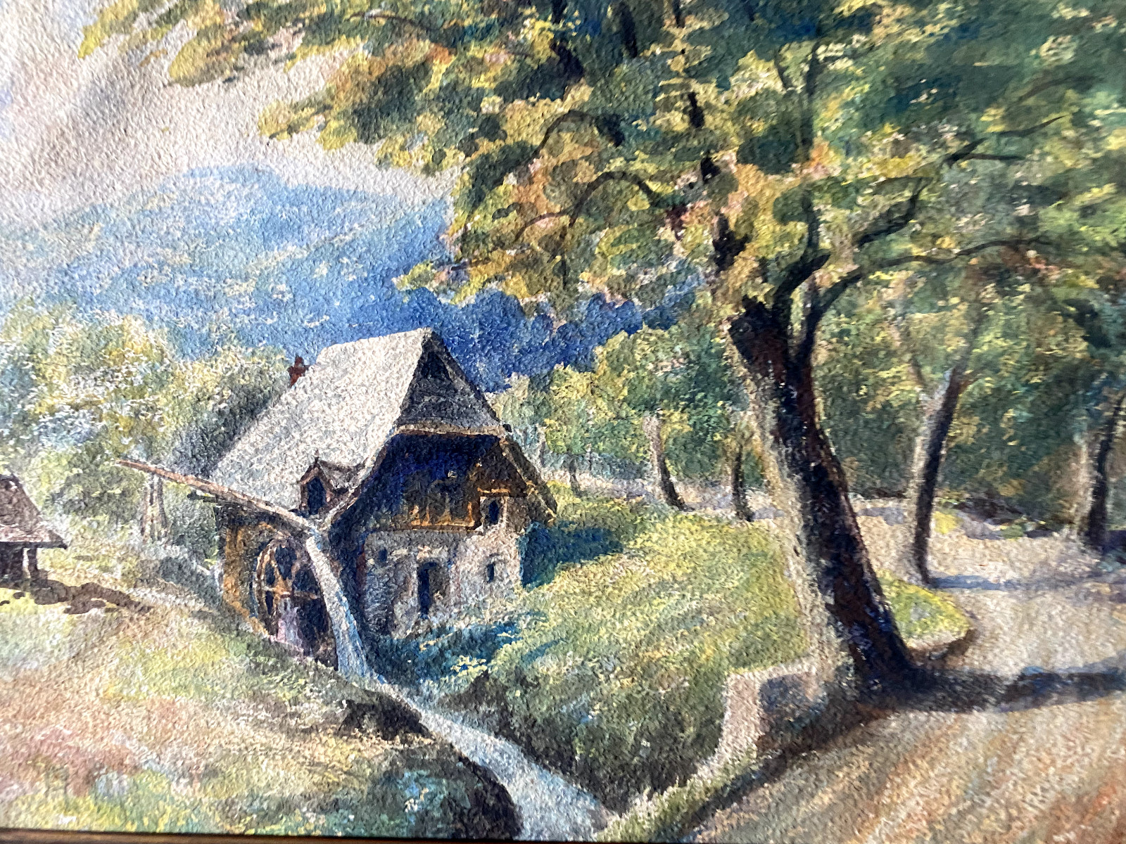 :WATERCOLOUR CIRCA 1930 WATERMILL IN VALLEY AUTUMN LATE SUMMER FRAME ANTIQUE ROAD TREE