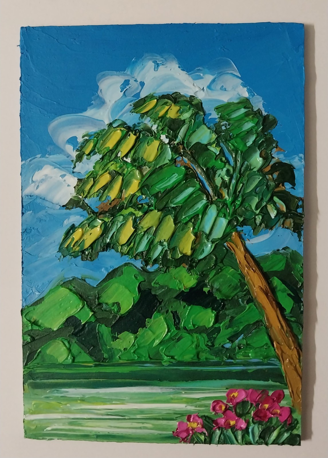 Framed Hawaii Palm Seashore Green Seascape 4×6” Impasto Oil Painting Original