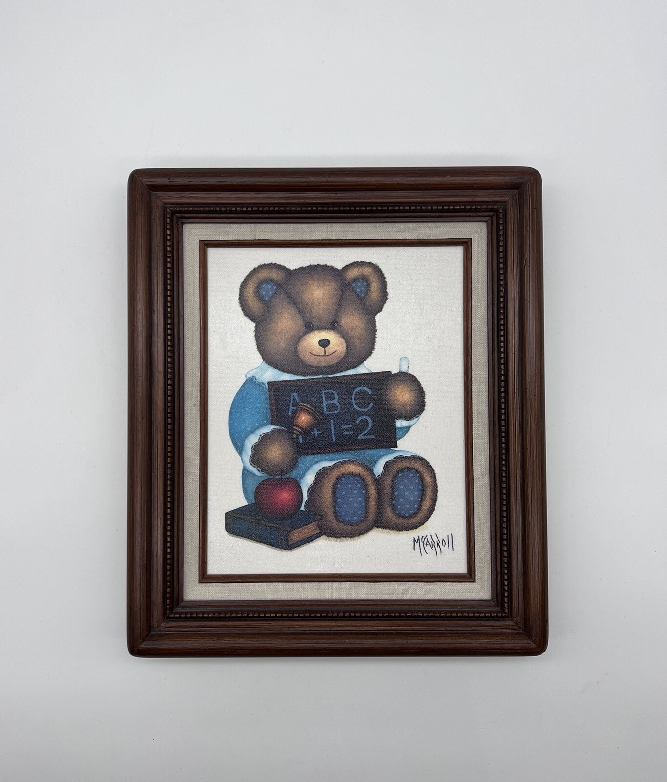 Signed McCarroll Oil Painting on Canvas Framed Teddy Bear ABC 1+1=2 10×8 COA