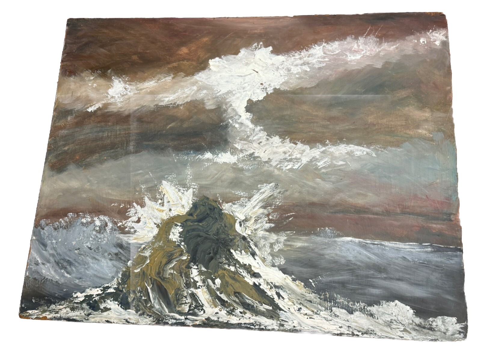 C.1960 Oil Painting «Ocean Storm» 30″ x 24″ Cottage, Mantel Decor – Masonite