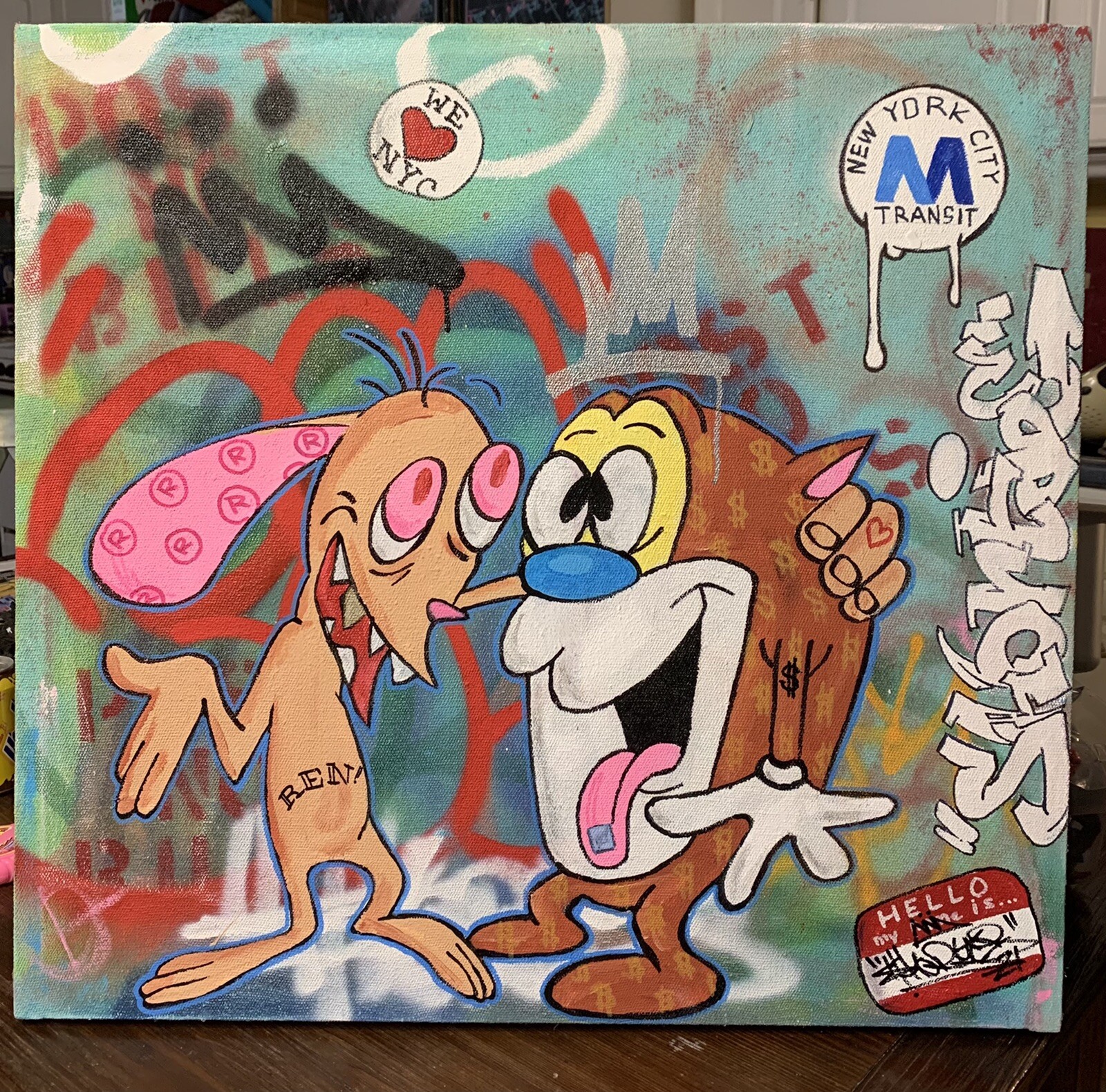 26 X 27.5 X 2 Inch Canvas Ren And Stimpy NYC Transit Graffiti Shortiez Ink Paint