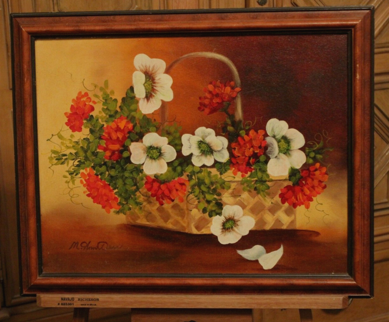 Original Oil on Canvas, Camelias and Geraniums in Wicker Basket, Signed, Framed