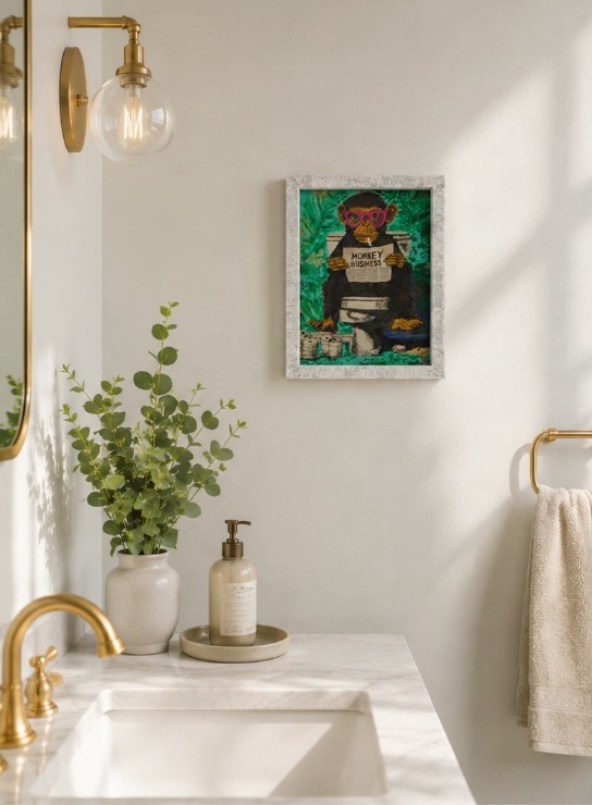 Hand-Painted Monkey Reading Newspaper Bathroom Art, Quirky Animal Print, Framed