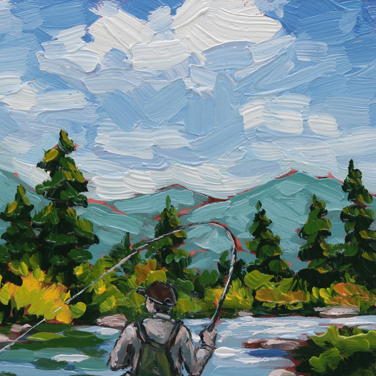 Fly Fishing Oil Painting Original River Mountain Landscape Art Impressionist Art