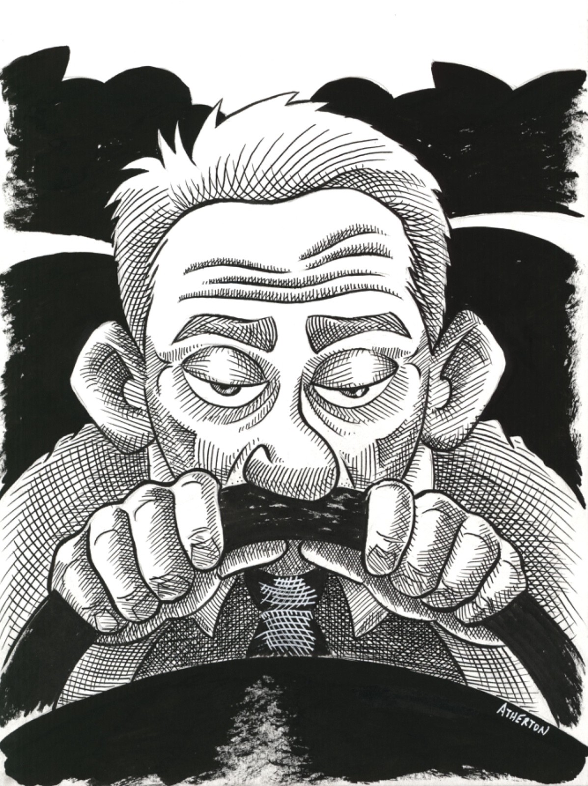 Atherton 9×12 Original Pen & ink illustration artwork «Driving Drowsy» signed