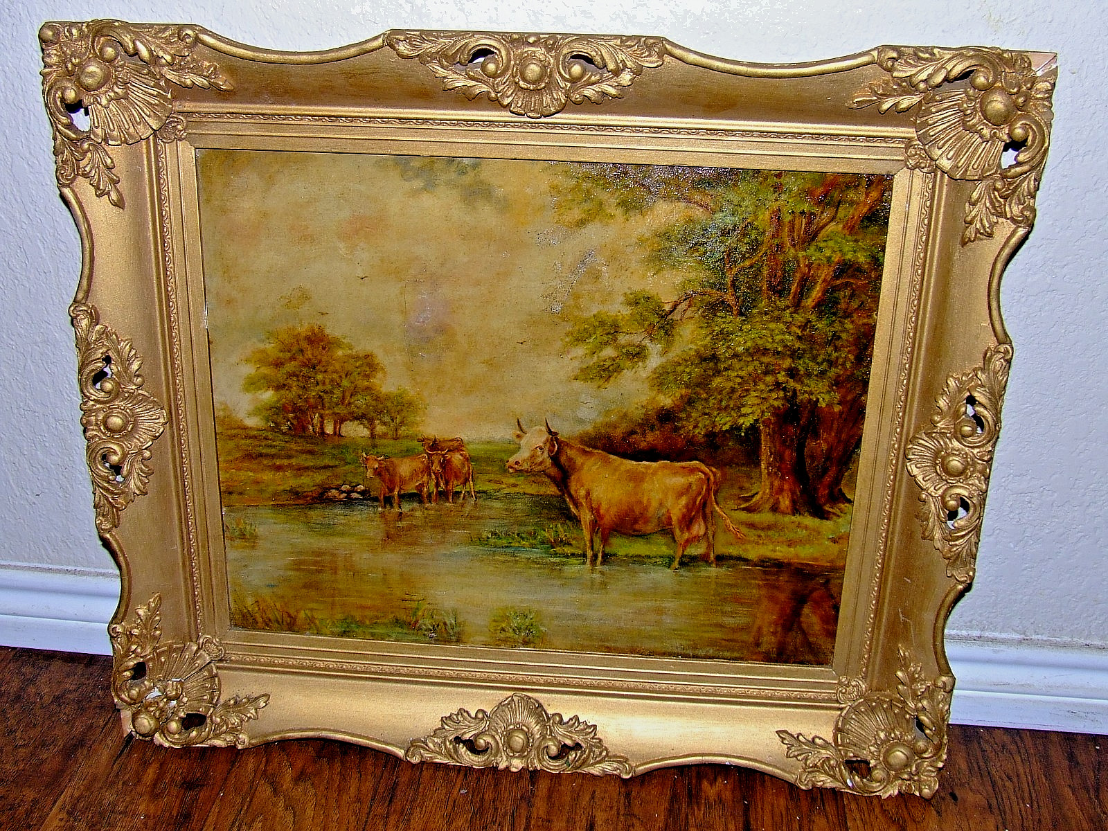 Antique 19th C. Landscape Gathering Watering Cows Oil on Board Gilt Ornate Frame