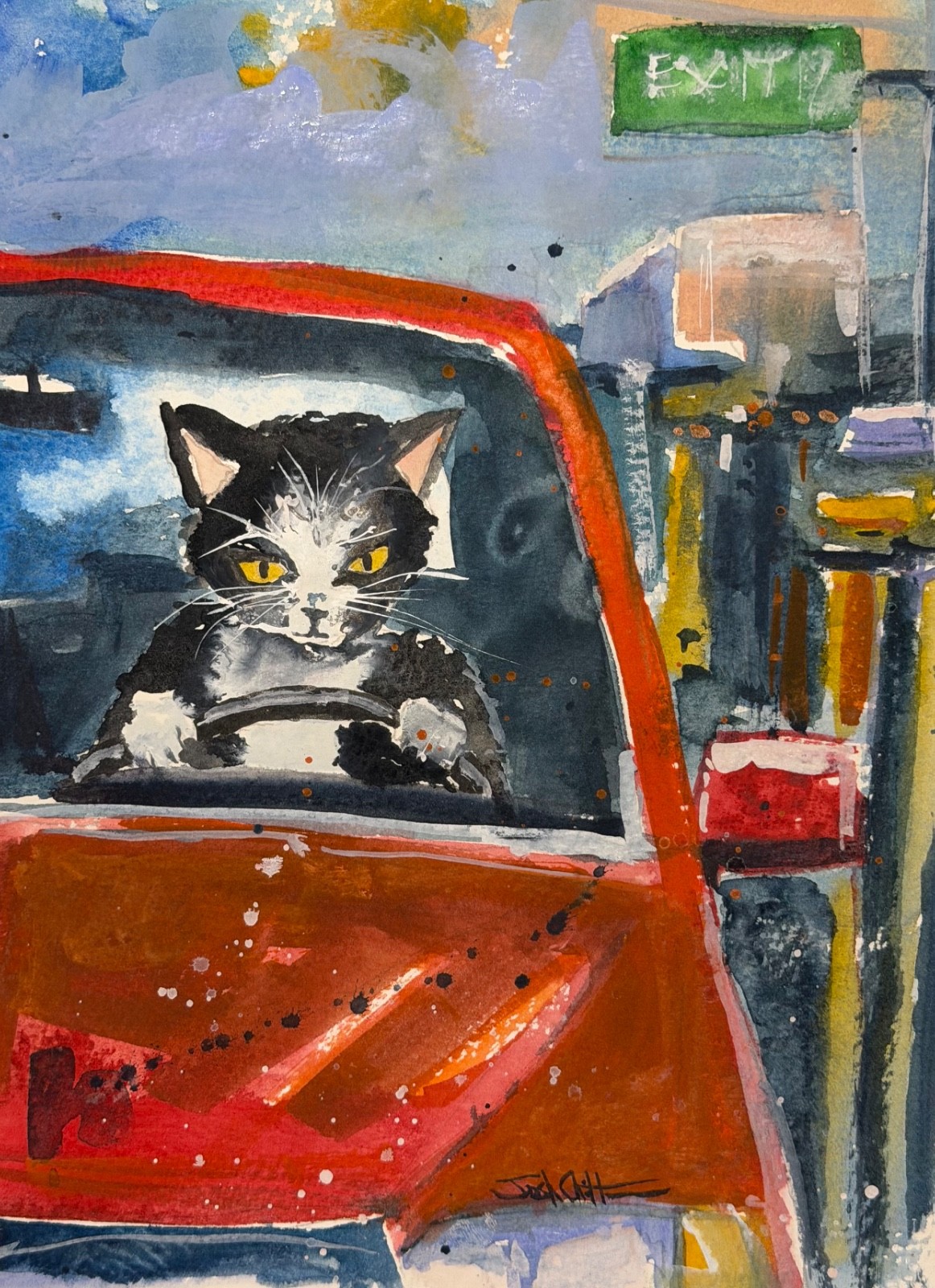 Grumpy Cat Driving Truck – Original Watercolor, Funny Moody Art – 9″x12″