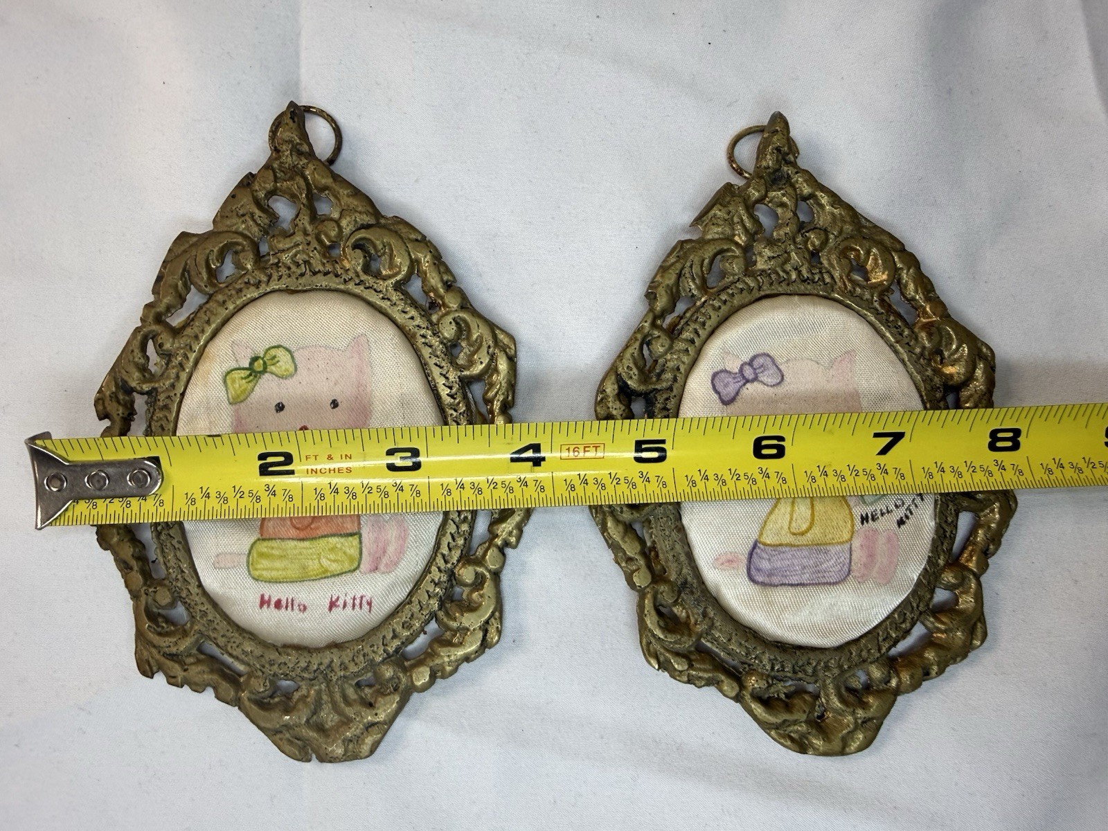 Vintage Hello Kitty Hand-Panted In Silk Fabric On Ornate Brass Frames