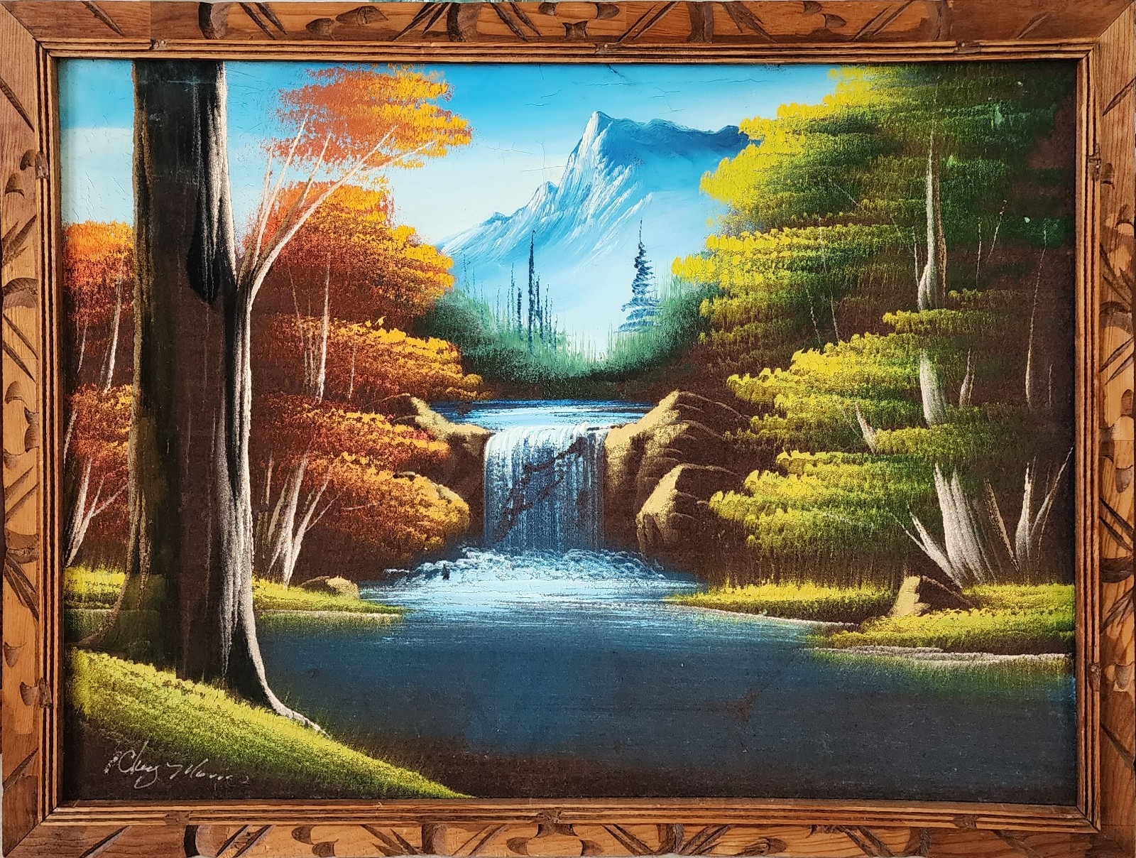 Vintage Mid-Century CHUY MORAN Signed Painting on Black Velvet Hand Carved Frame