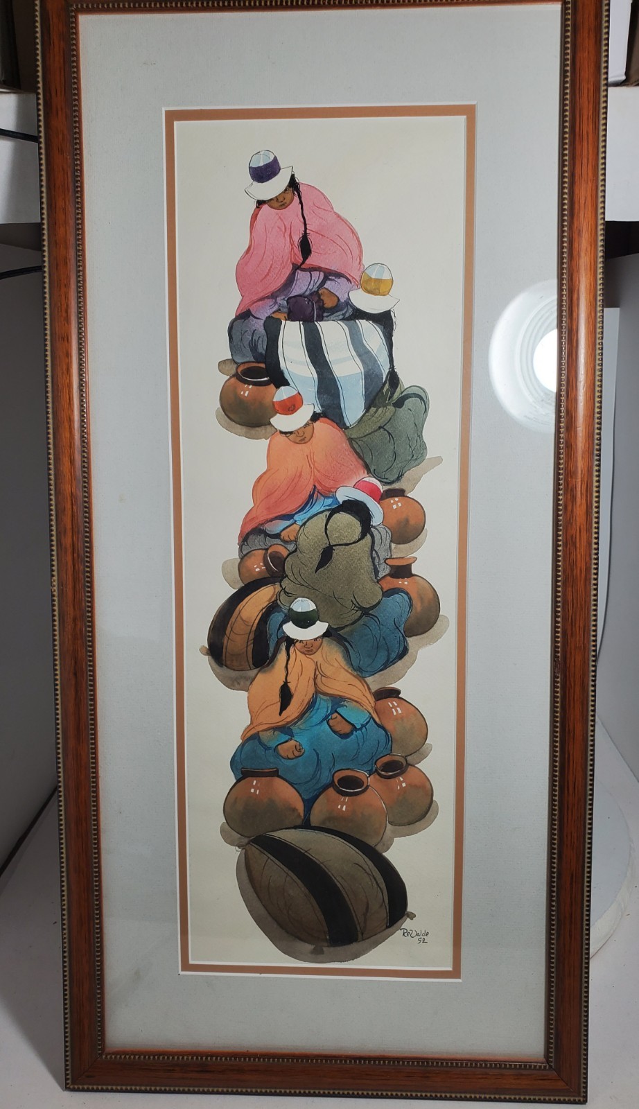 Re Valde – Framed Contemporary Watercolour, Peruvian Figures, Beautiful Colors