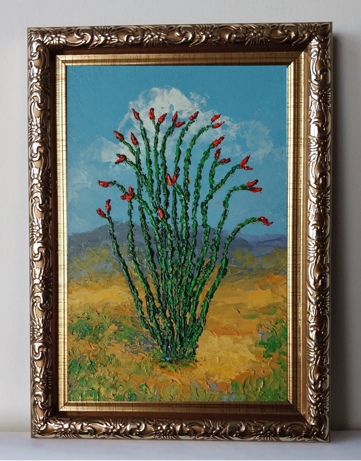 Framed Ocotillo Desert Anza-Borrego Landscape 4×6” Impasto Oil Painting Original