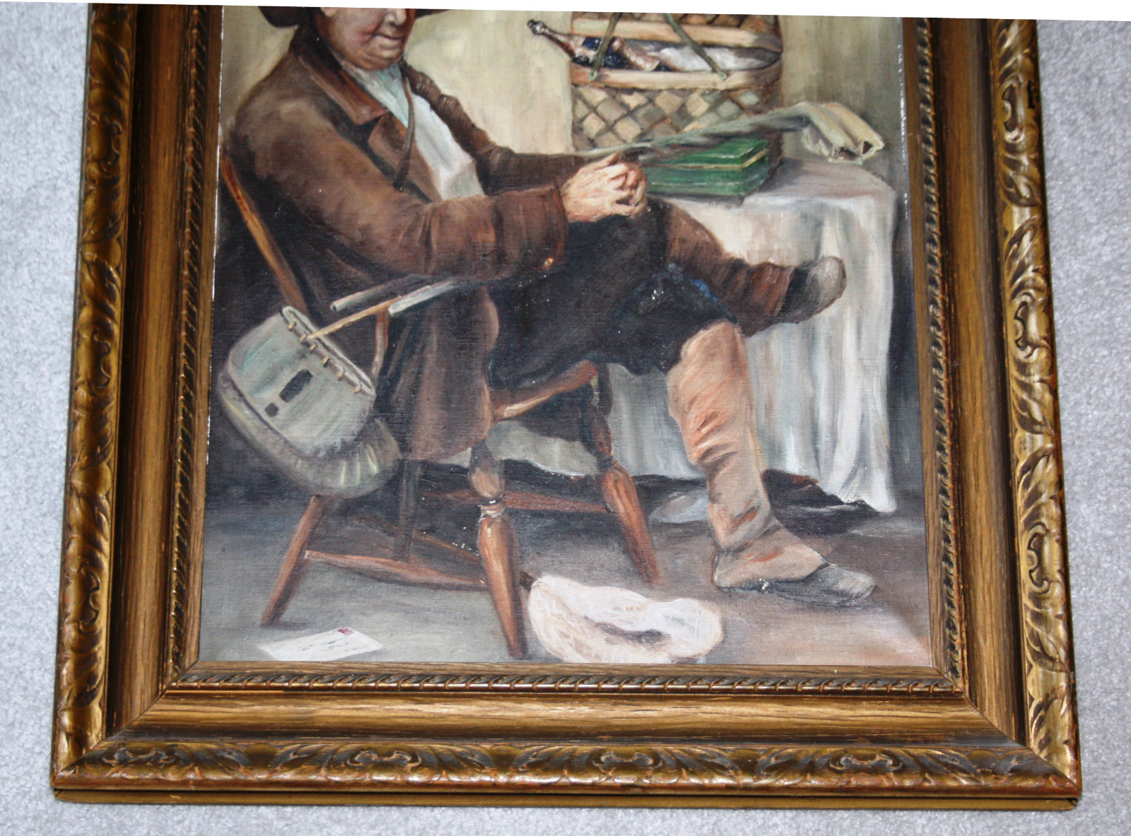 Waiting for the Fishing Party after LC Earle Vtg Antique Oil Painting Tobacco