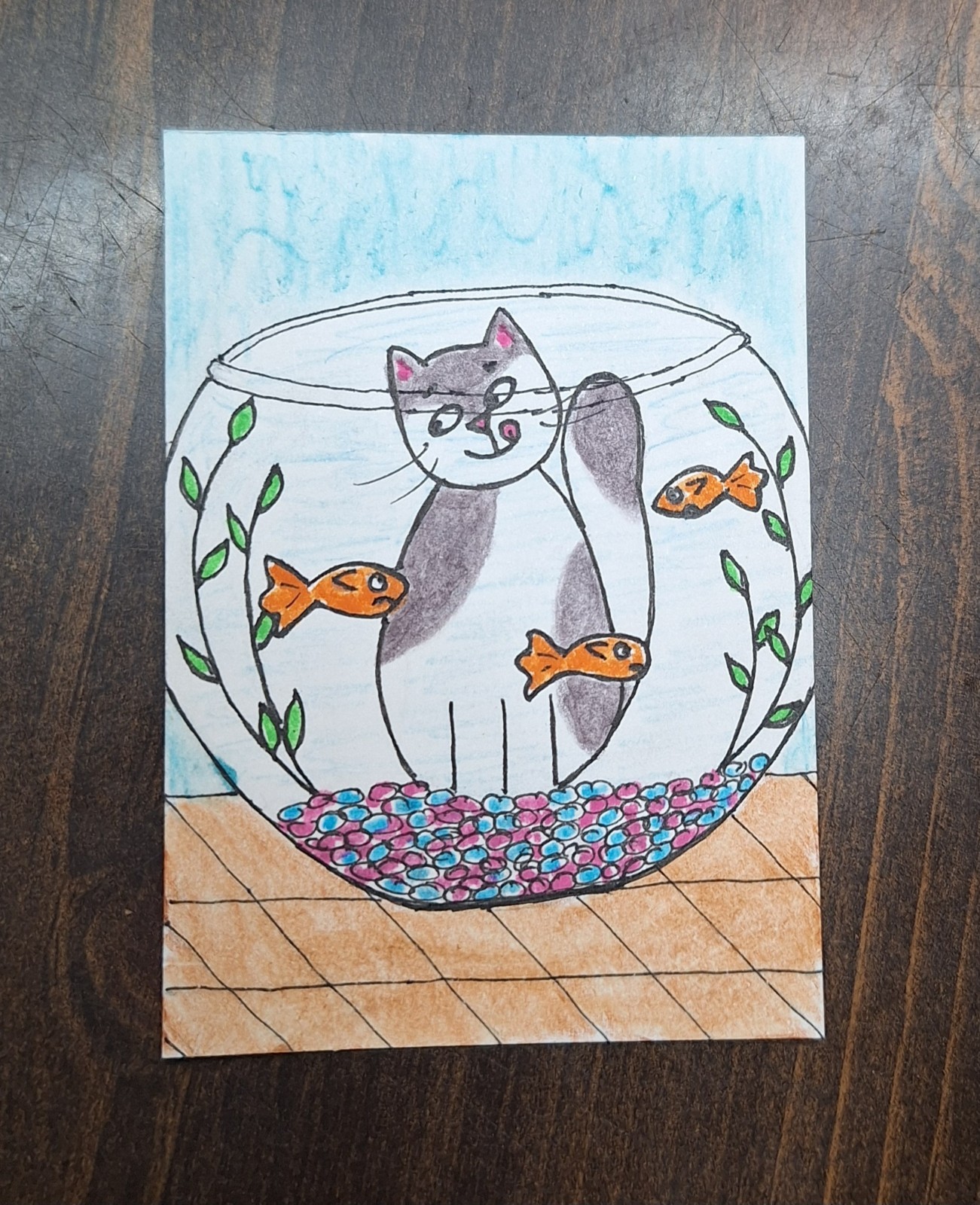 ACEO Original Cat and Fish Watercolor Cartoon Painting by Sandrajean Smith
