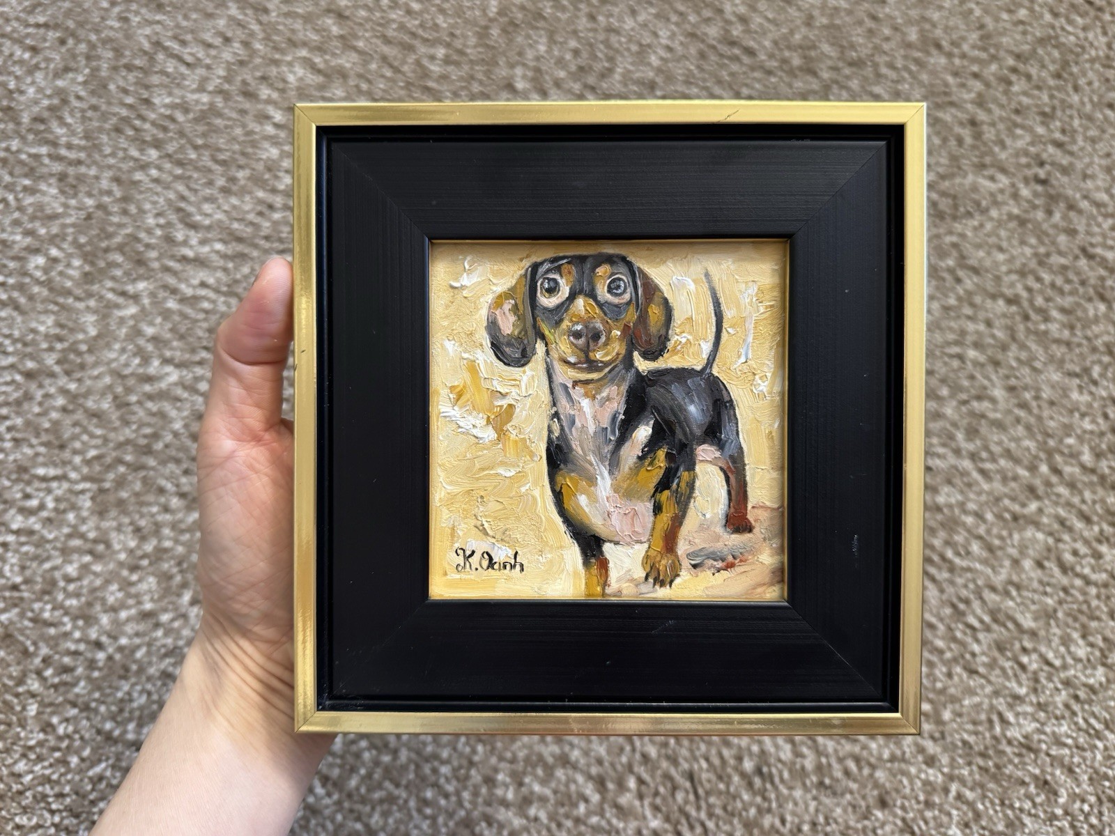 ORIGINAL OIL PAINTING DACHSHUND DOG PORTRAIT SIGNED FRAMED 4×4