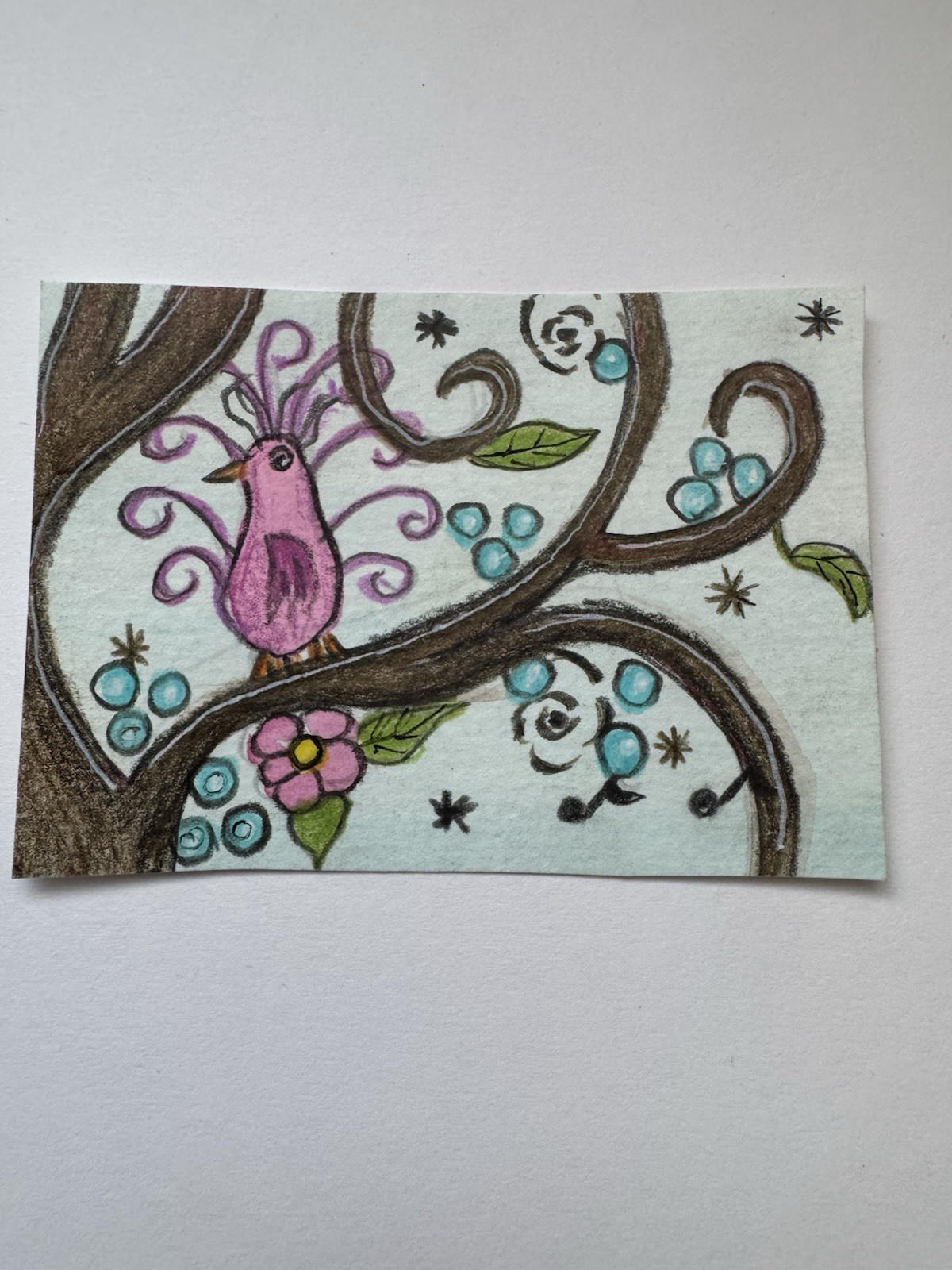 Aceo Original Art Trading Card, Sweet Exotic Bird In Tree, Art By Sommer Rayn