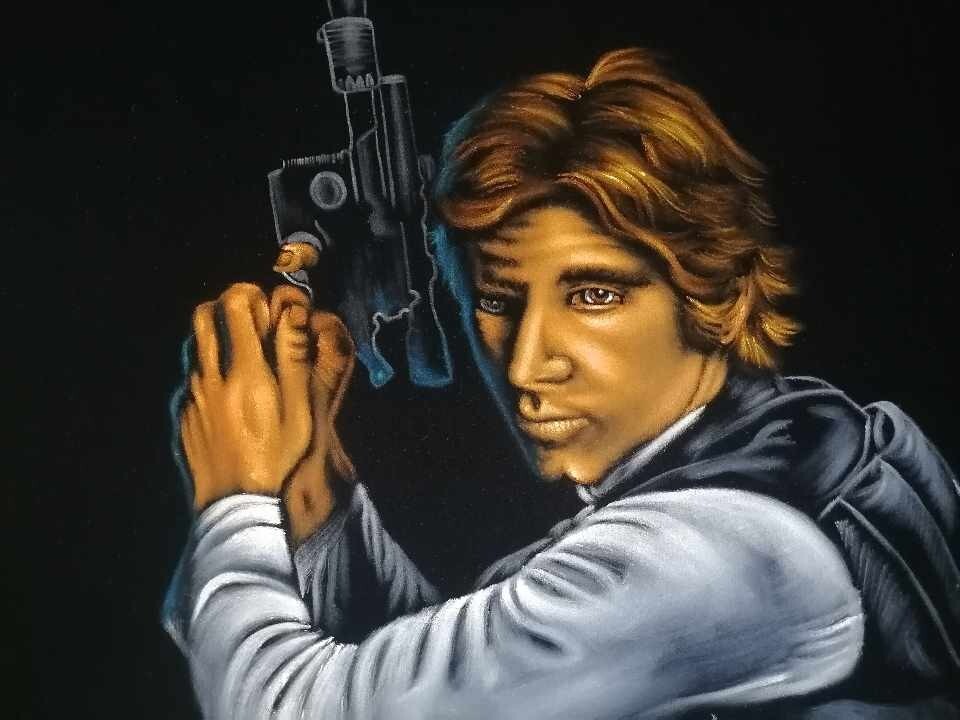 Star wars Han Solo Portrait black velvet oil painting art.