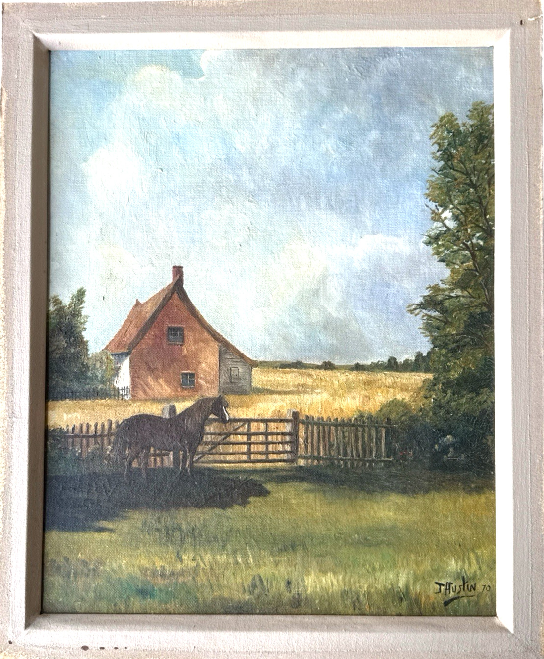 Vintage Oil Painting English Cottage Landscape Signed J Austin 1970 Framed 18×22
