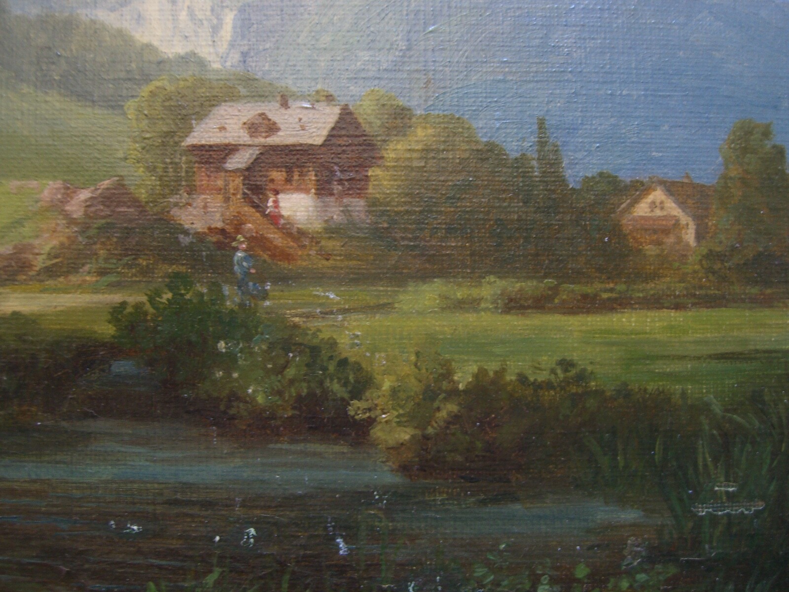 ::ROMANTIC CIRCA 1860 LANDSCAPE FOOTHILLS OF THE Alps oil painting antique frame signed miller