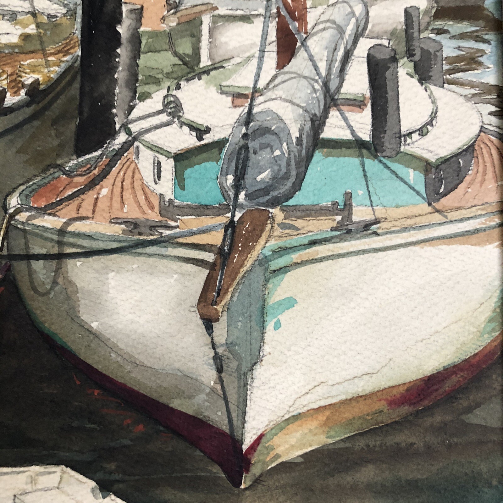 Schneider Signed Custom Framed Art Watercolor Docked Sailboats Ripple in Water