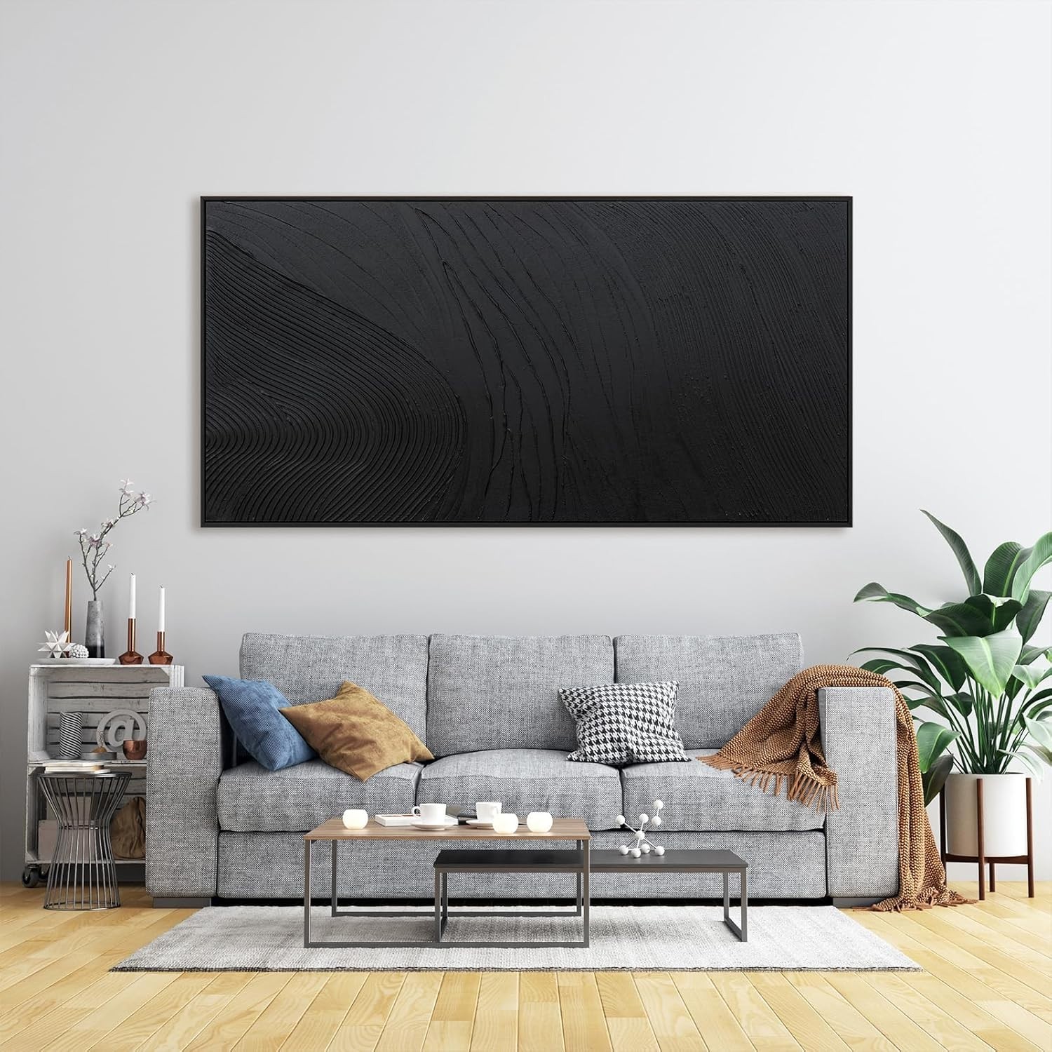 Contemporary Black Abstract Canvas Art – 29″x58″ Wall Hanging for Home Elegance