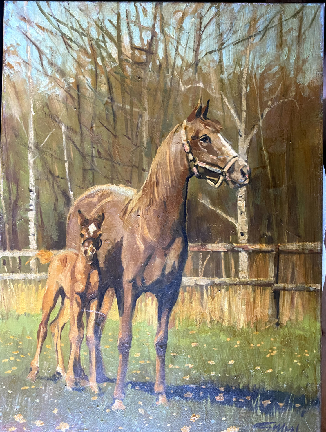 Oil painting mare with foal illegibly signed couple horse antique riding animals