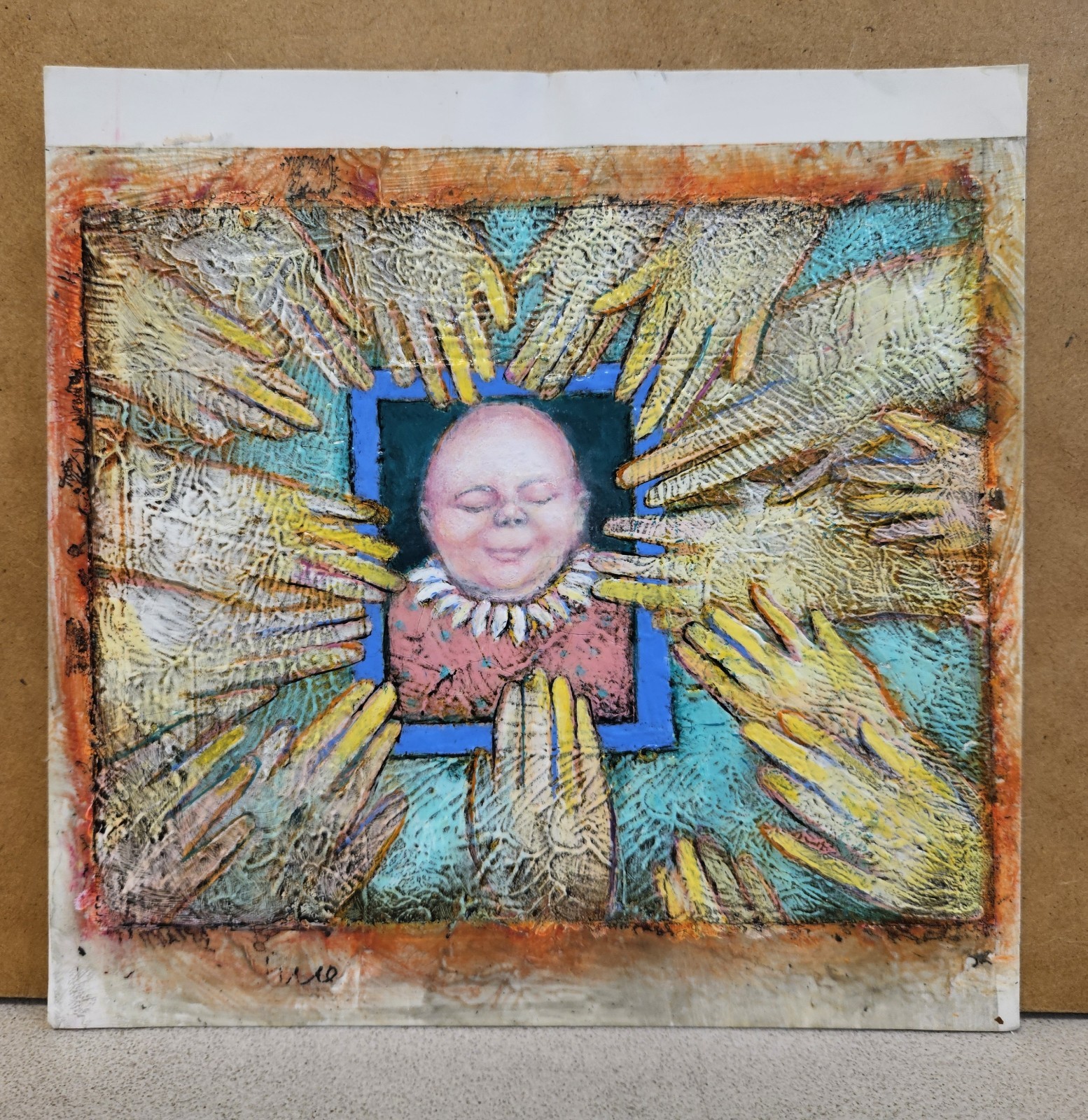 Vintage Original Surreal BABY SURROUNDED BY HANDS Mixed Media Painting WEIRD