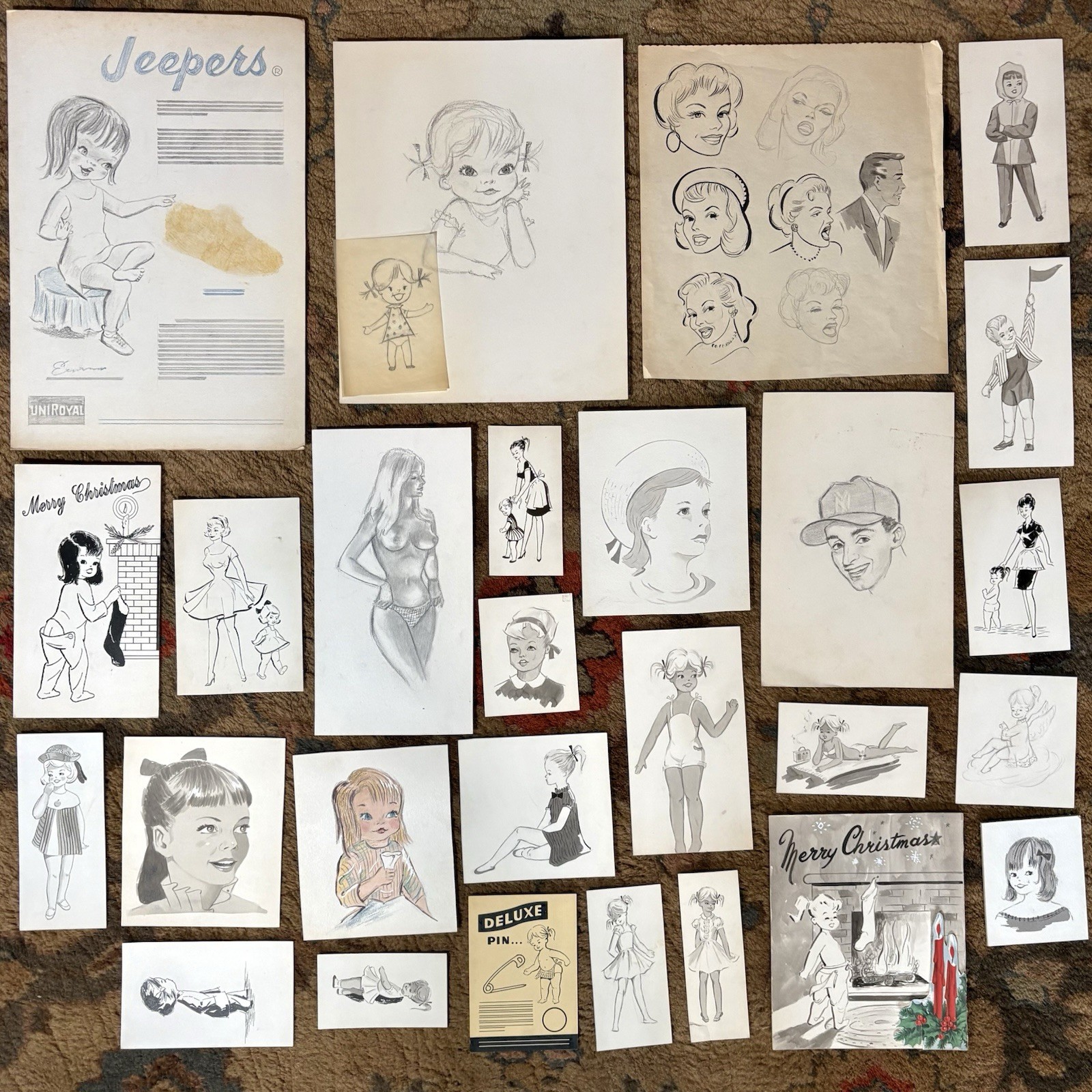 Vintage 1950’s Original Concept Art Hand Drawn Painted People Christmas Oriental