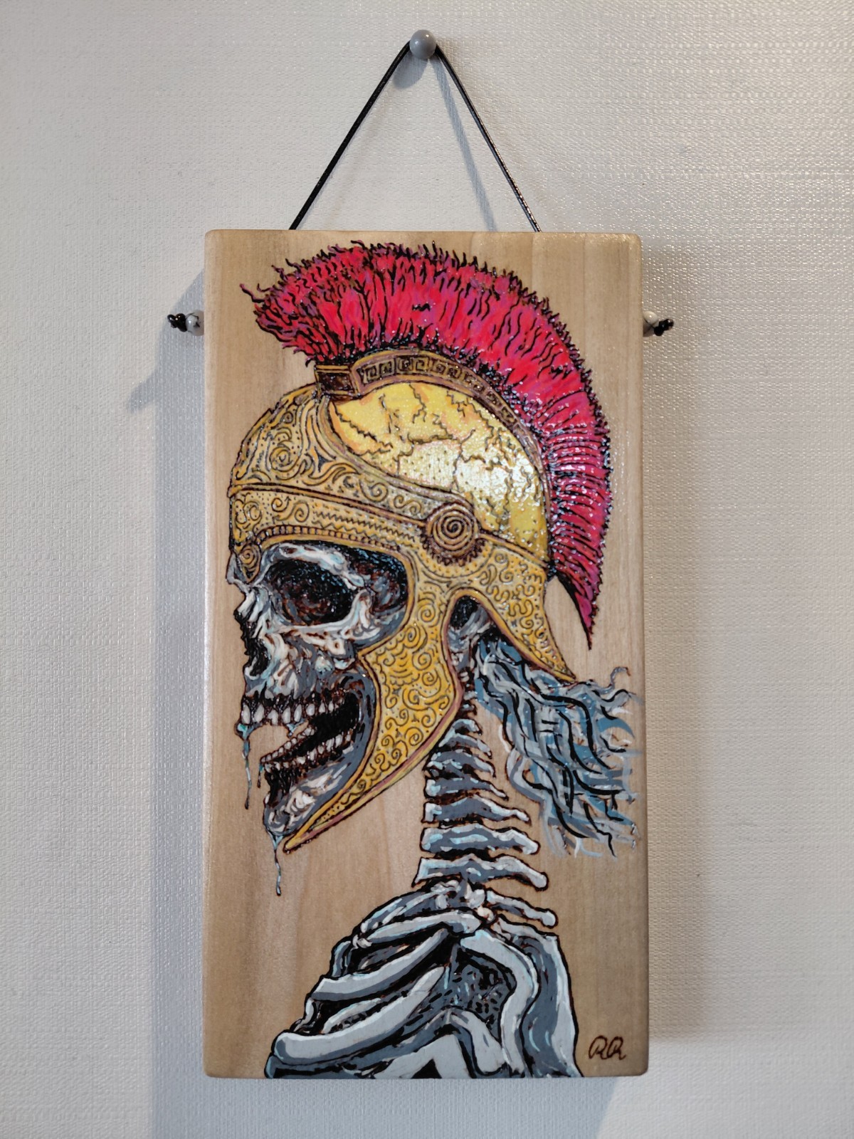 Original Pyrographed And Acryilic Paint Undead Gladiator On Poplar 10.25″x5.5″