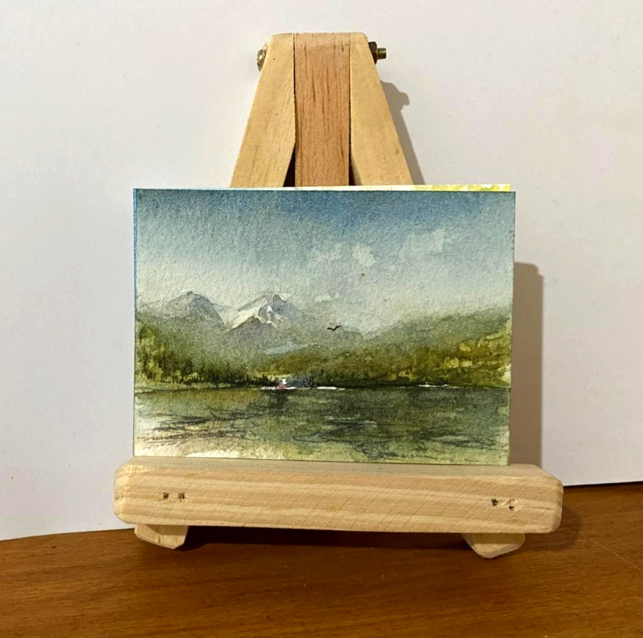 Original Watercolor Painting ACEO OOAK Mountain Lake Boat Serene Landscape Art