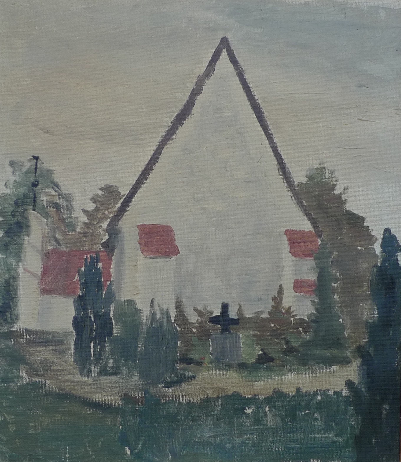 Unknown Expressionist Landscape with Church Cemetery Graves Oil Painting