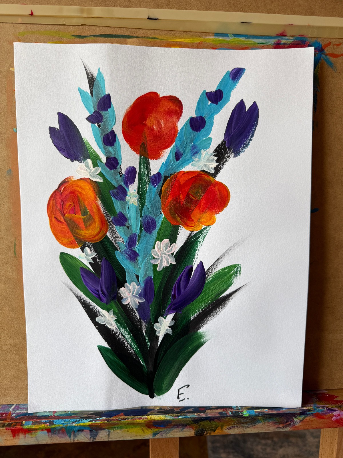Original Bold Abstract Flowers Acrylic Painting «Spring III» Signed Paper 11×14
