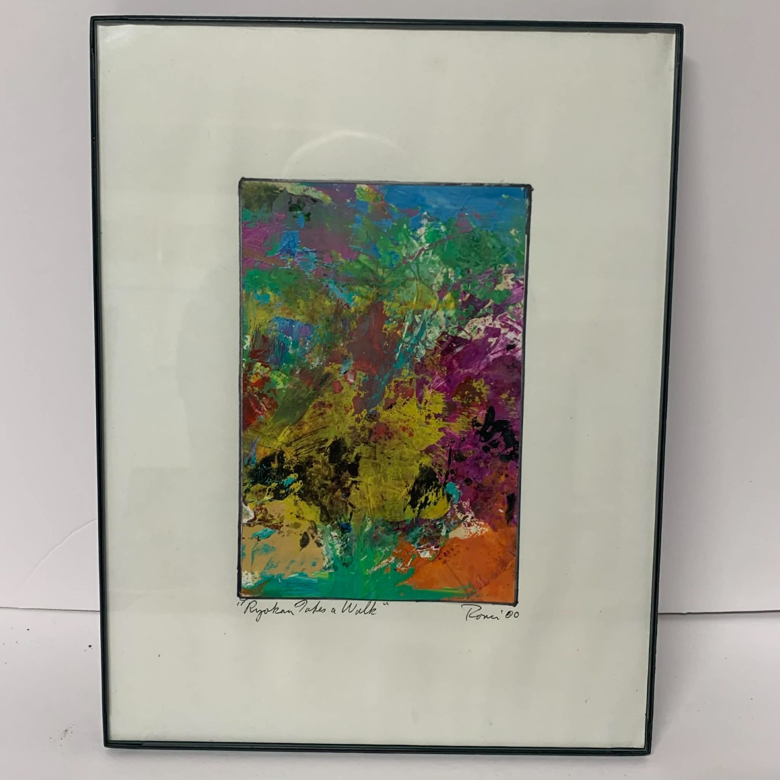 Colorful Abstract Acrylic Painting on Paper 4.25″ x 6.5″ Signed Art Matted Frame
