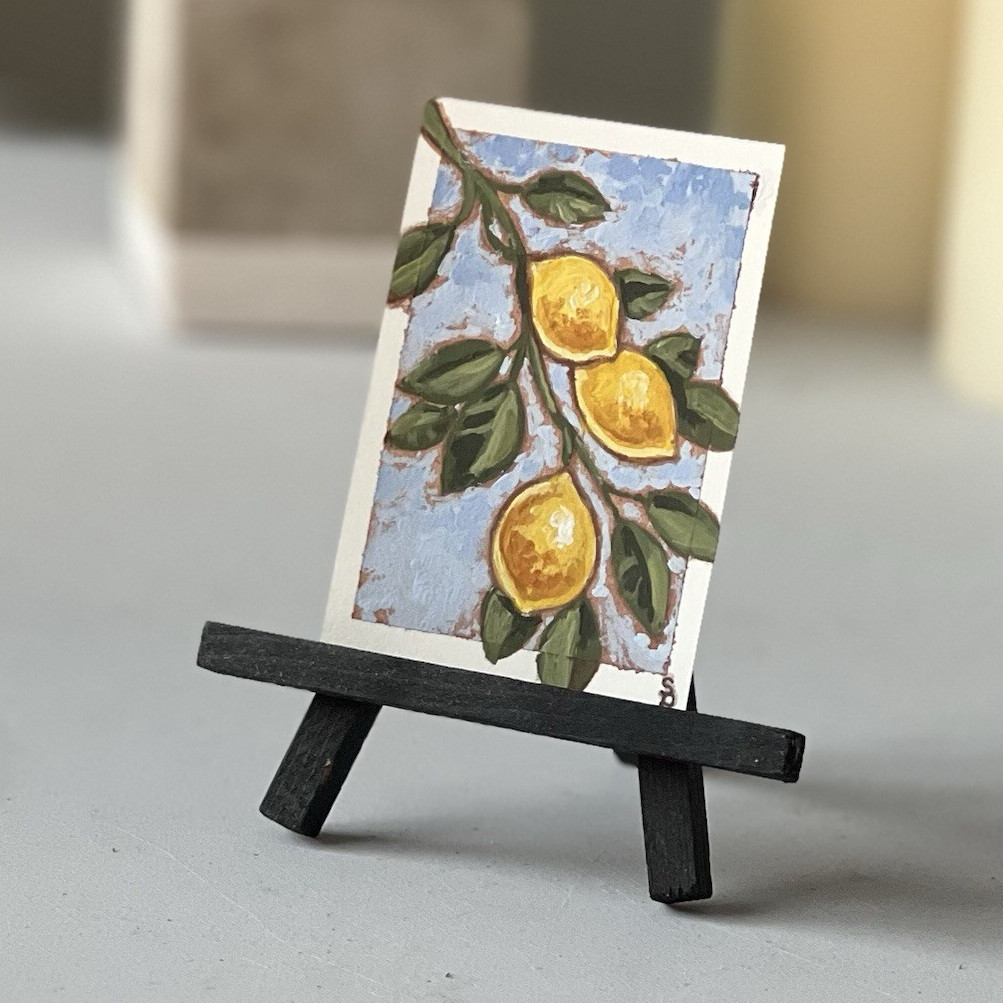 ACEO original Signed by artist Lemon Botanical Still Life Painting 3.5X2.5 in