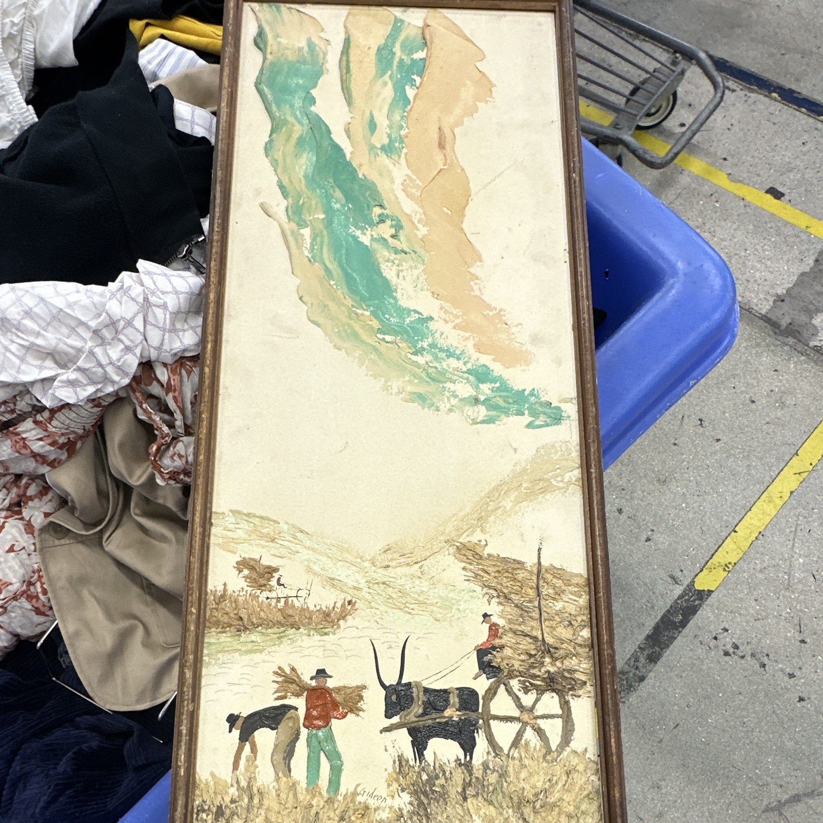Gideon Signed Framed Original OOAK Large Canvas Western Landscape Cowboy Oxen