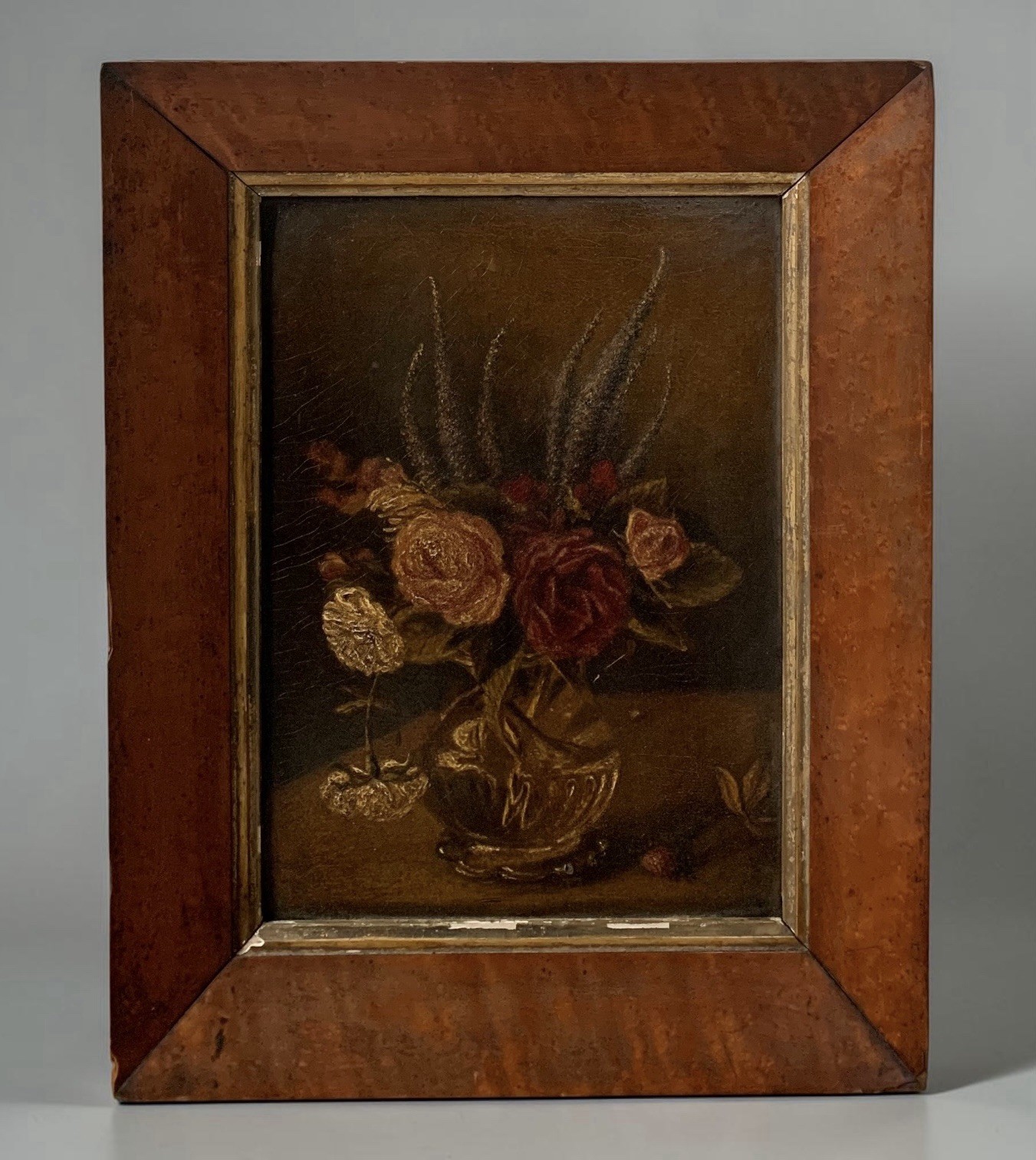 Antique Floral Still Life Oil Painting Flowers On Masonite, Framed