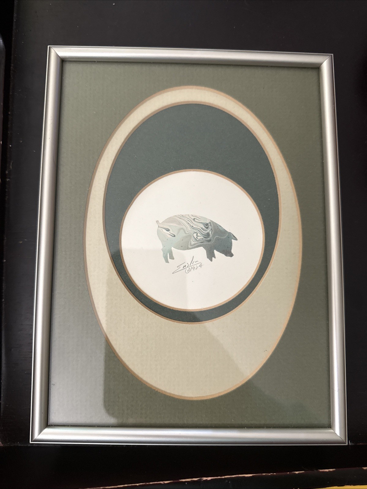 Vintage Art Robert Enslin Neutral Watercolor Mosaic Pig Matted Framed 1984